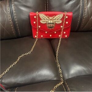 Elegant Red Bee Embellished Women's Bag